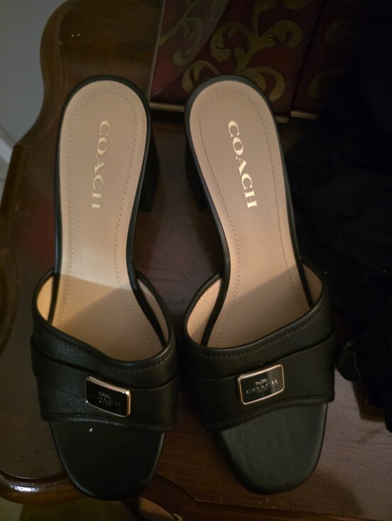 Coach Shoes - COACH Black Leather Logo Plaque Slide Mules